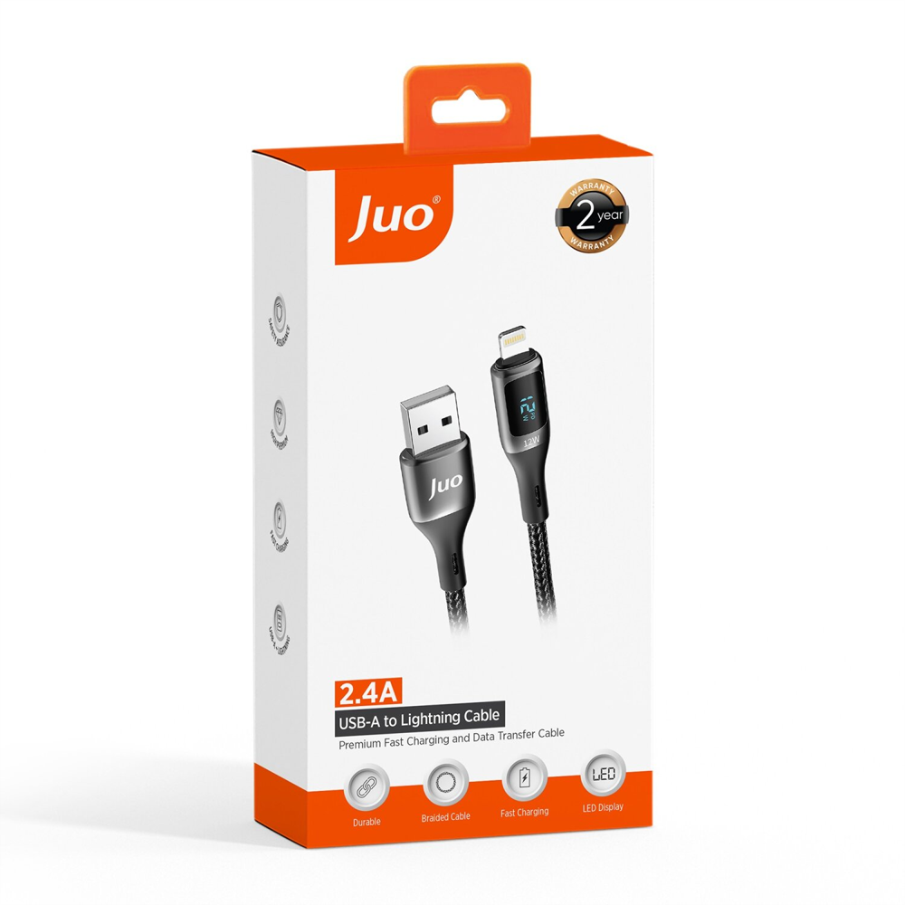 Juo 12W Dijital Led Ekranlı USB-A Lightning İphone İpad Örgülü Siyah Data Ve Hızlı Şarj Kablosu 2 Metre