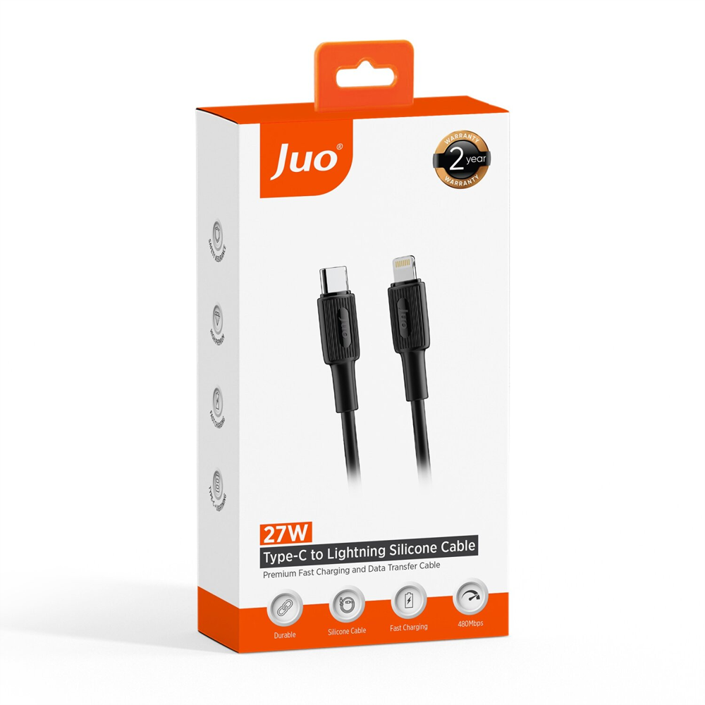 Juo 27W Type-C Lightning İphone İpad Silikon Siyah Data Ve Hızlı Şarj Kablosu 2 Metre