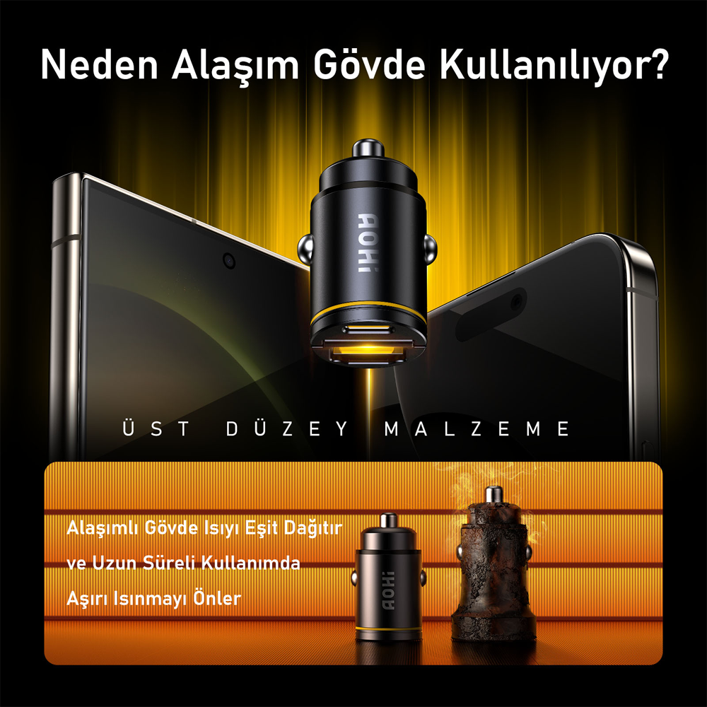 AOHI Superauto Araç İçi Şarjı, 2 Portlu PD 65W Type-C ve USB-A Girişli, USB, Siyah Hızlı Şarj Çakmaklık Adaptörü