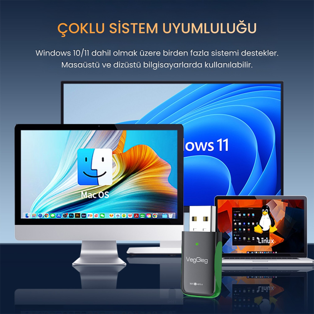 VegGieg 1100 Mbps WI-FI 6 Bluetooth Mini USB Wifi Adaptör