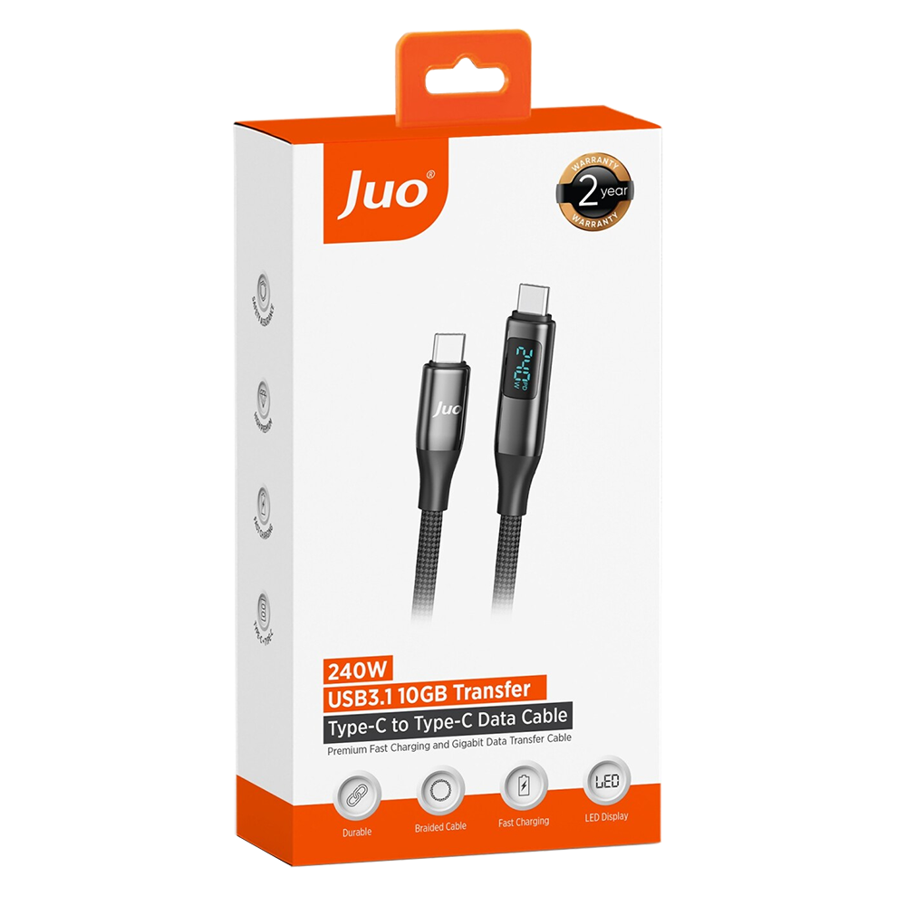 Juo 240W USB 3.1 Gen2 10Gbps E-Mark Çipli Led Display 4K 60Hz 1.25 Metre Görüntü ve Type-C Hızlı Şarj Kablosu
