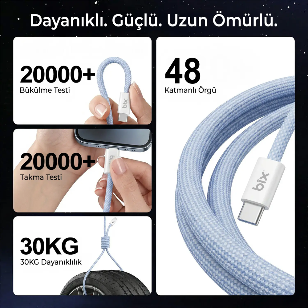 Bix T4CC-BK 65W USB-C To USB-C Manyetik Örgülü Siyah Şarj Kablosu 1 Metre
