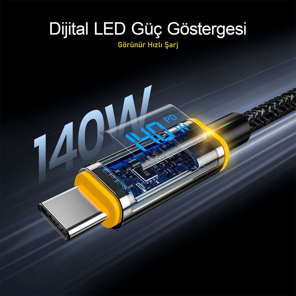 AOHI Magline Type-C to Type-C 1.2m PD 3.1 480Mbps 140W LED Ekranlı Naylon Örgülü Süper Hızlı Şarj/Data Kablosu
