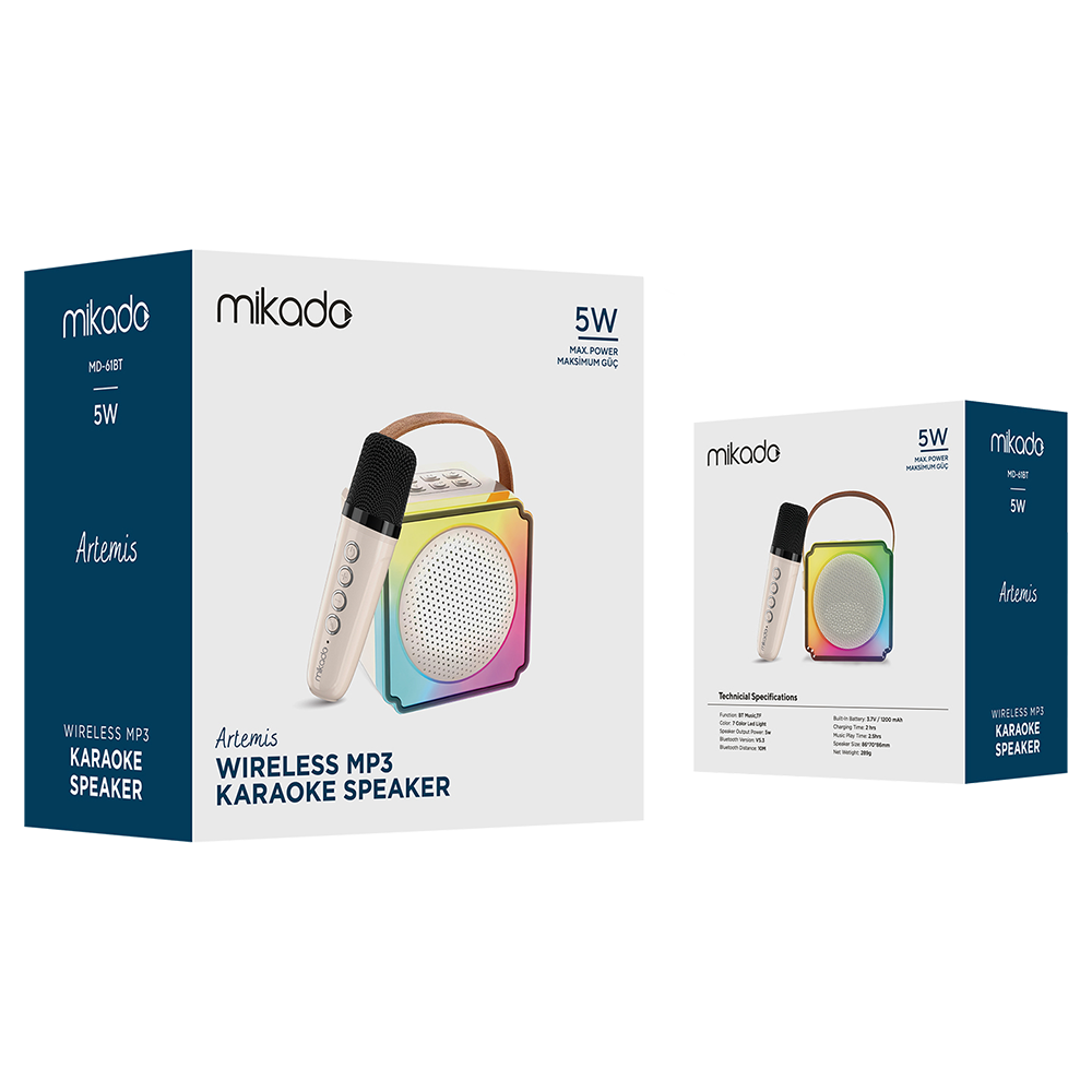 MIKADO MD-61BT Artemis 5W RGB 1200mAh Bluetooth Krem Mikrofonlu Karaoke Taşınabilir Hoparlör