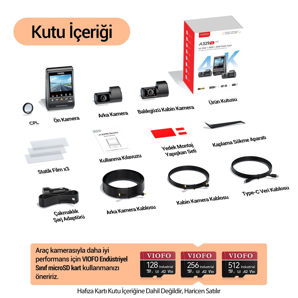 VIOFO A329S 4K 2K  3 Kameralı HDR Sony Starvis 2 Sensörlü SSD Destekli Wİ-Fi GPS'li Araç Kamerası
