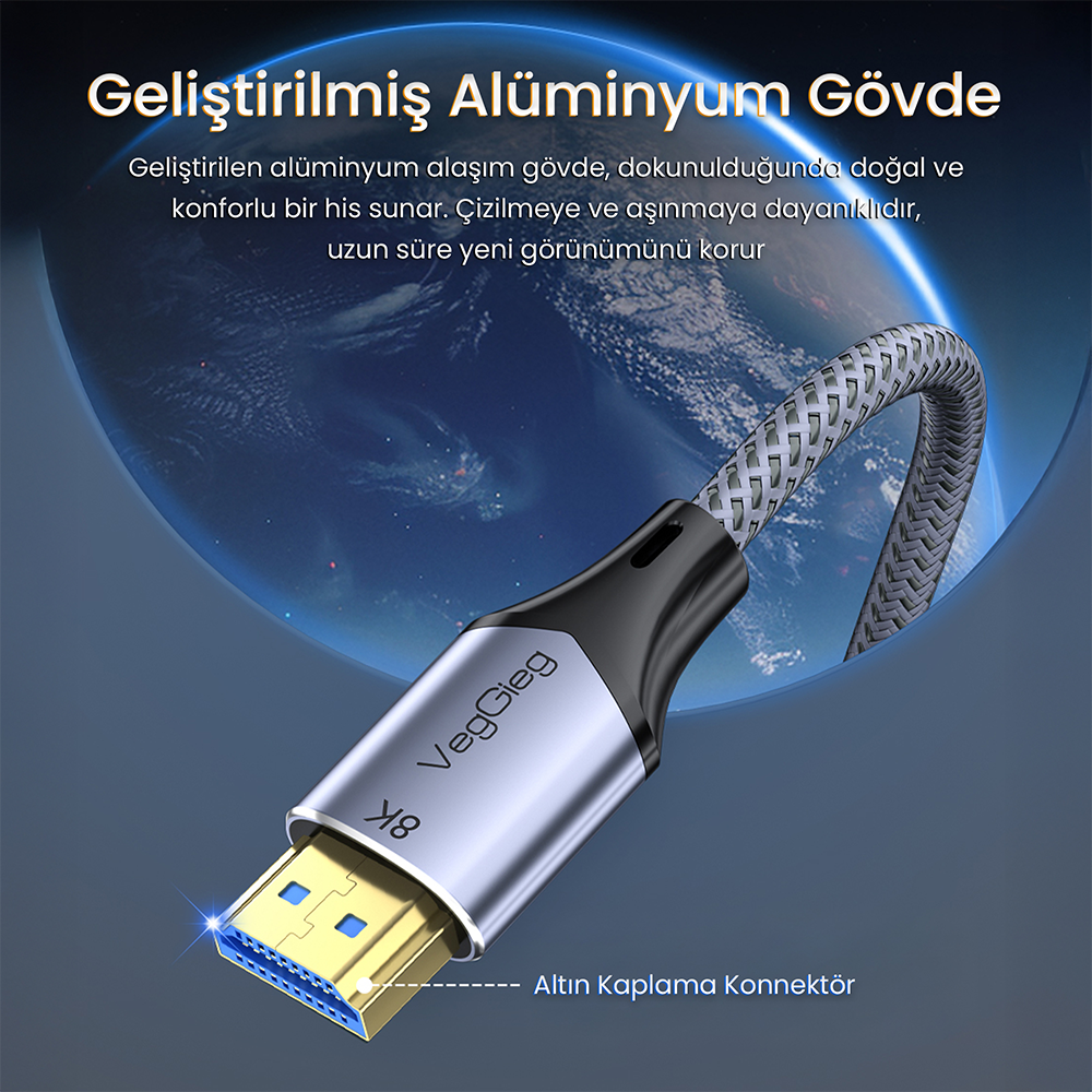 VegGieg 8K 60Hz 4K 120Hz 48Gbps HDR ARC 2.1 HDMI Kablosu 1.5 Metre