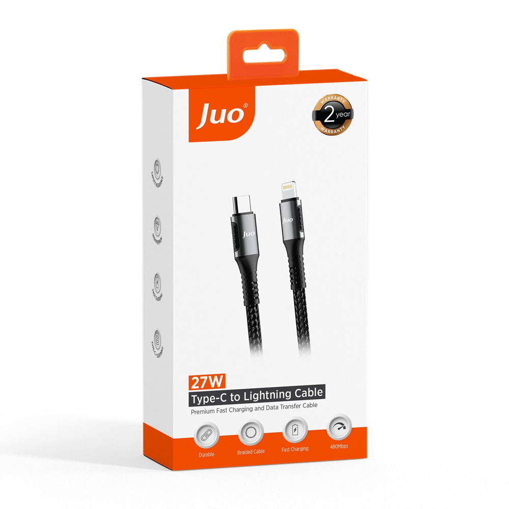 Juo 27W Type-C Lightning İphone İpad Örgülü Siyah Hızlı Şarj ve Data Kablosu 2 Metre