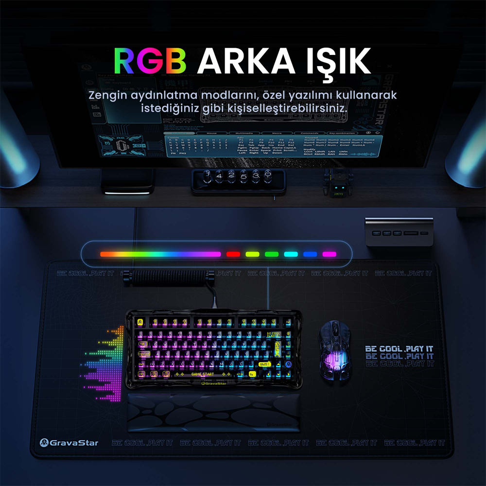 GravaStar Mercury K1 Lite RGB Linear Key Switch Türkçe Q Transparent Siyah Kablosuz Gaming Klavye