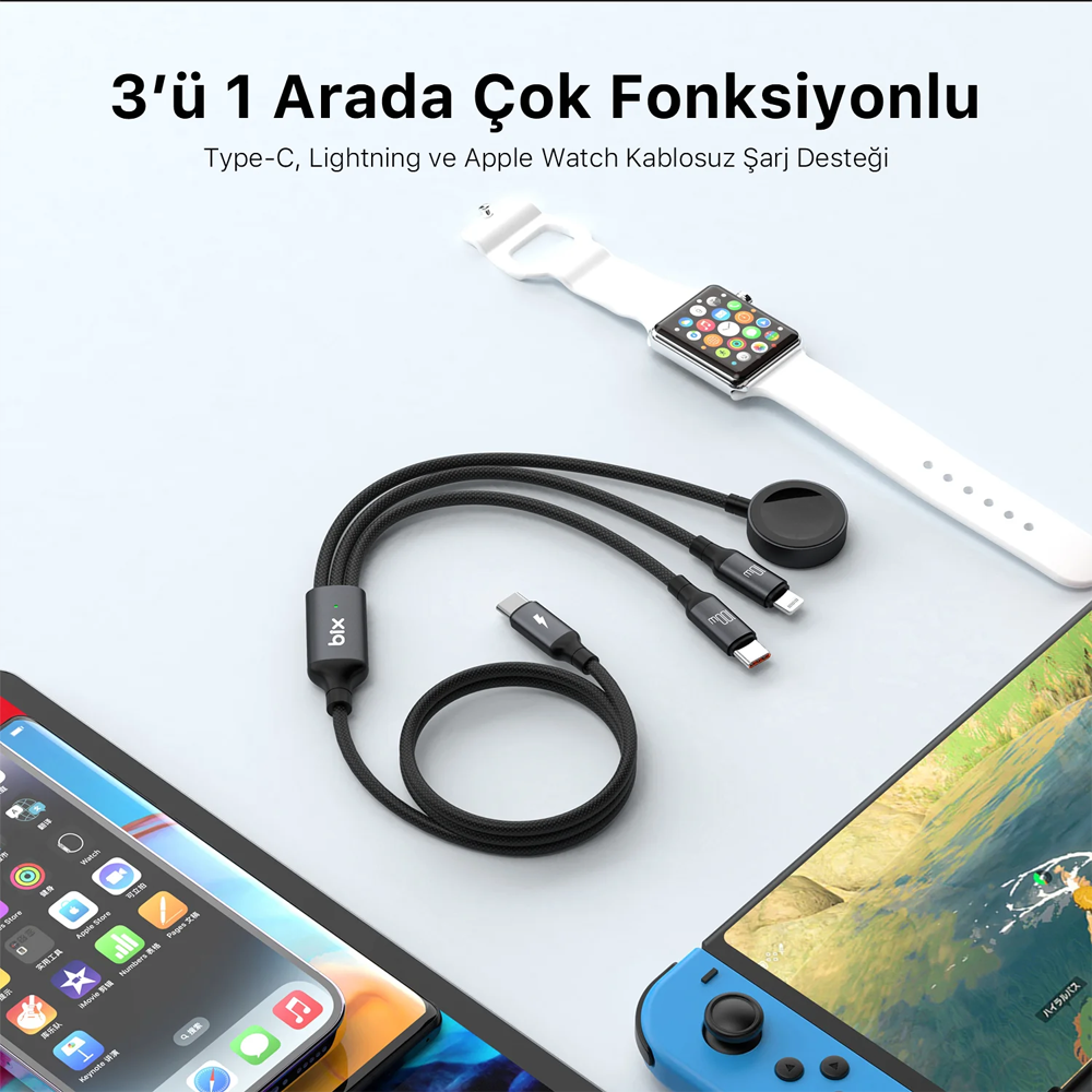Bix BXA3W1 100W Type-C, Lightning ve Apple Watch Çoklu Şarj ve Data Kablosu Koyu Gri 1.2 Metre