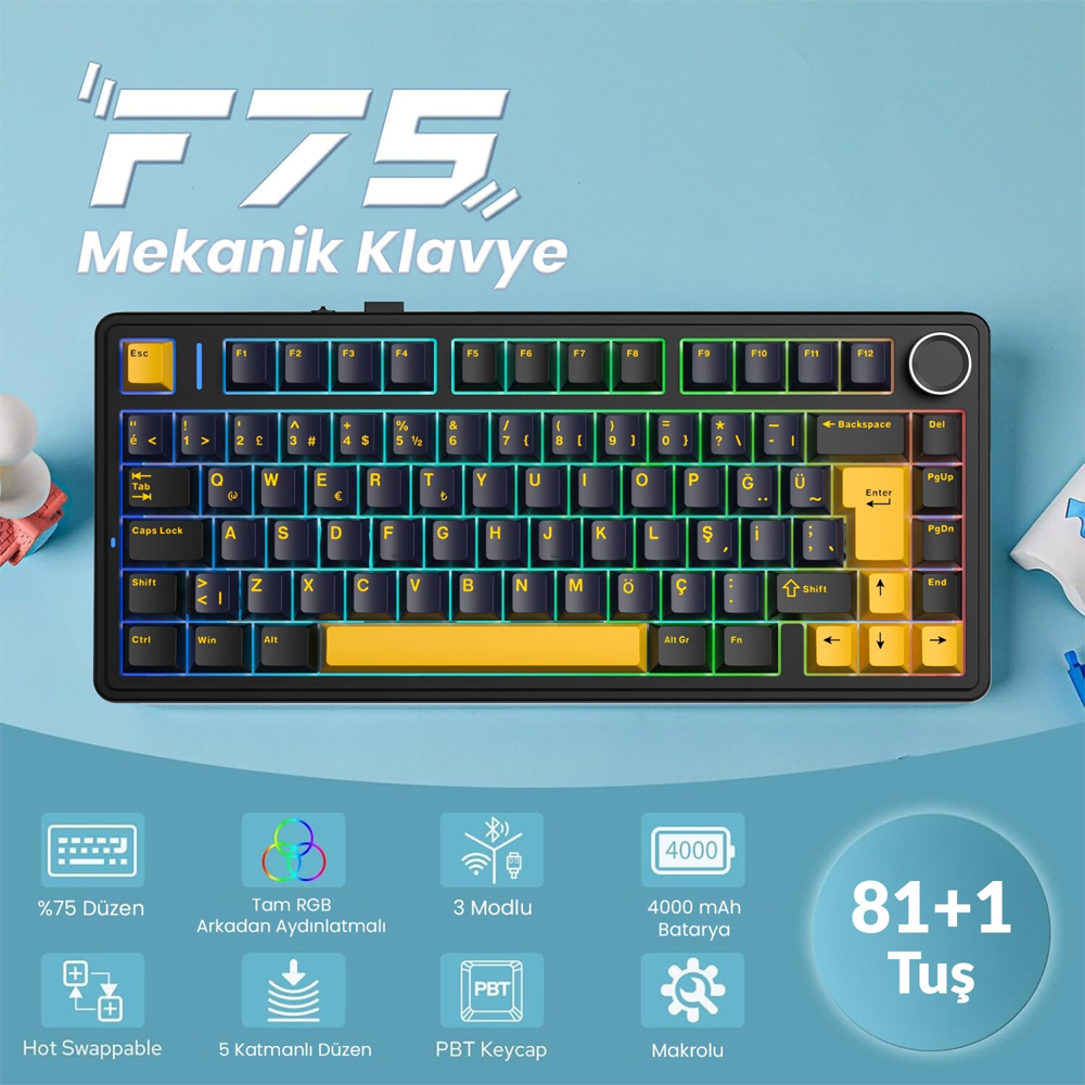 Aula F75 GrayWood V4 Switch Hot Swap RGB Siyah Kablosuz Gaming Klavye