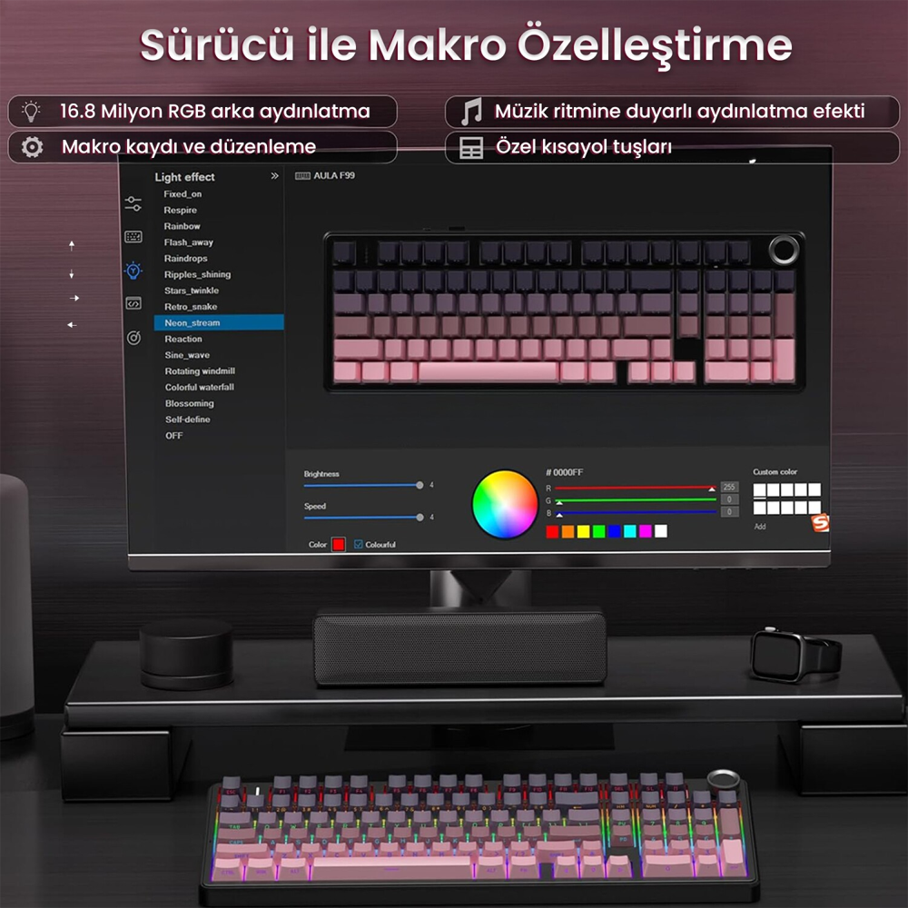 Aula F99 Pro Reaper Switch Hot Swap RGB Grandya Pembe Kablosuz Gaming Klavye