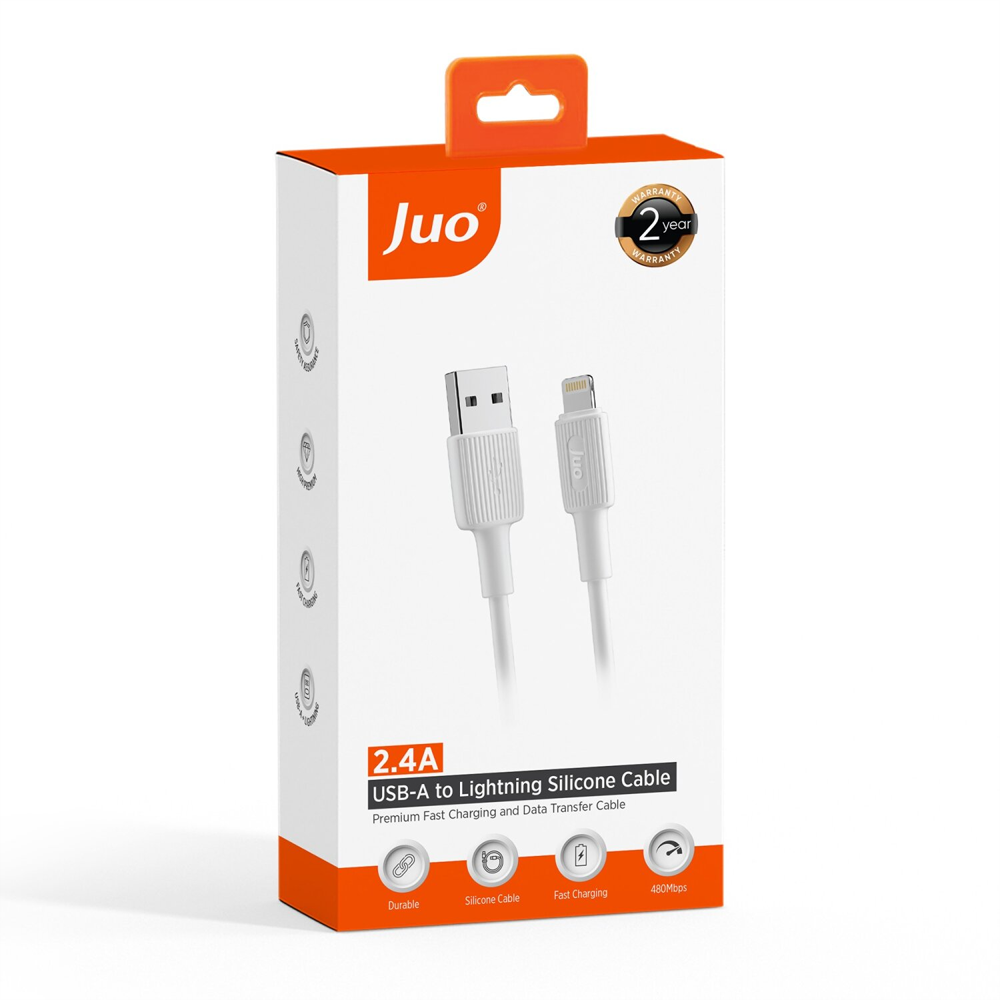 Juo 12W 2.4A USB-A Lightning İphone İpad Silikon Beyaz Data Ve Hızlı Şarj Kablosu 2 Metre