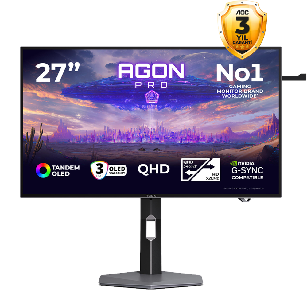 AOC AGON PRO AGP277QKDC 26.5" QHD 540Hz HD 720Hz 0.03ms HDMI DP USB AdaptiveSync HDR500 Pivot QHD-HD Dual Mode WOLED Gaming Monitör
