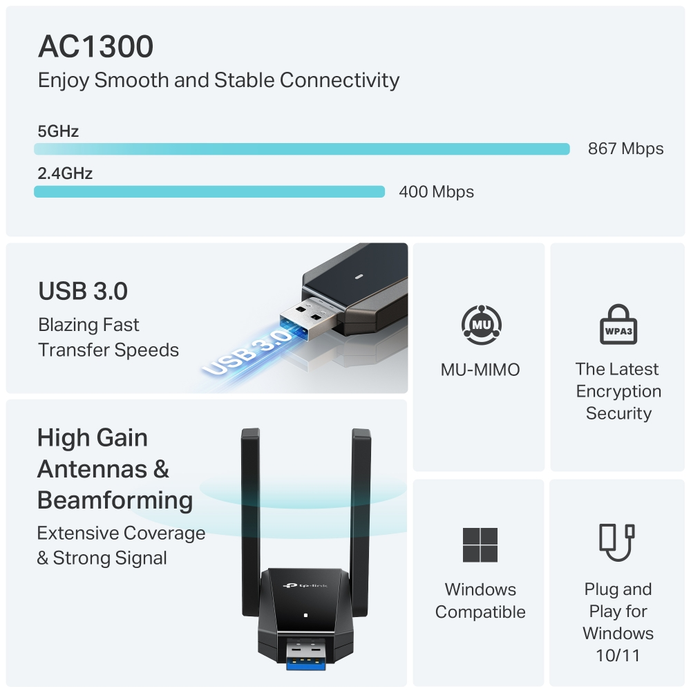 TP-LINK Archer T5U Plus AC1300 Yüksek Kazançlı Wireless Dual Bant USB Adaptör