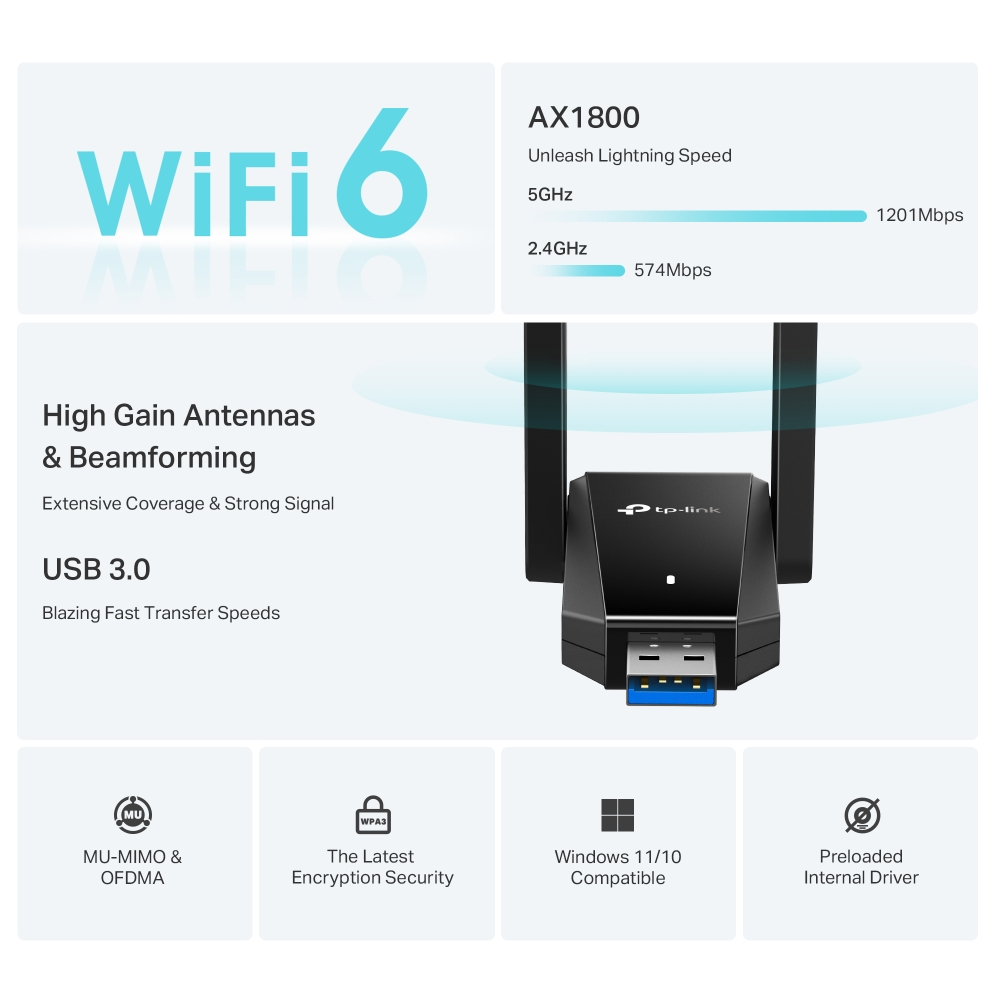 TP-LINK ARCHER TX30U PLUS AX1800 Yüksek Kazançlı Wireless Dual Bant USB Adaptör