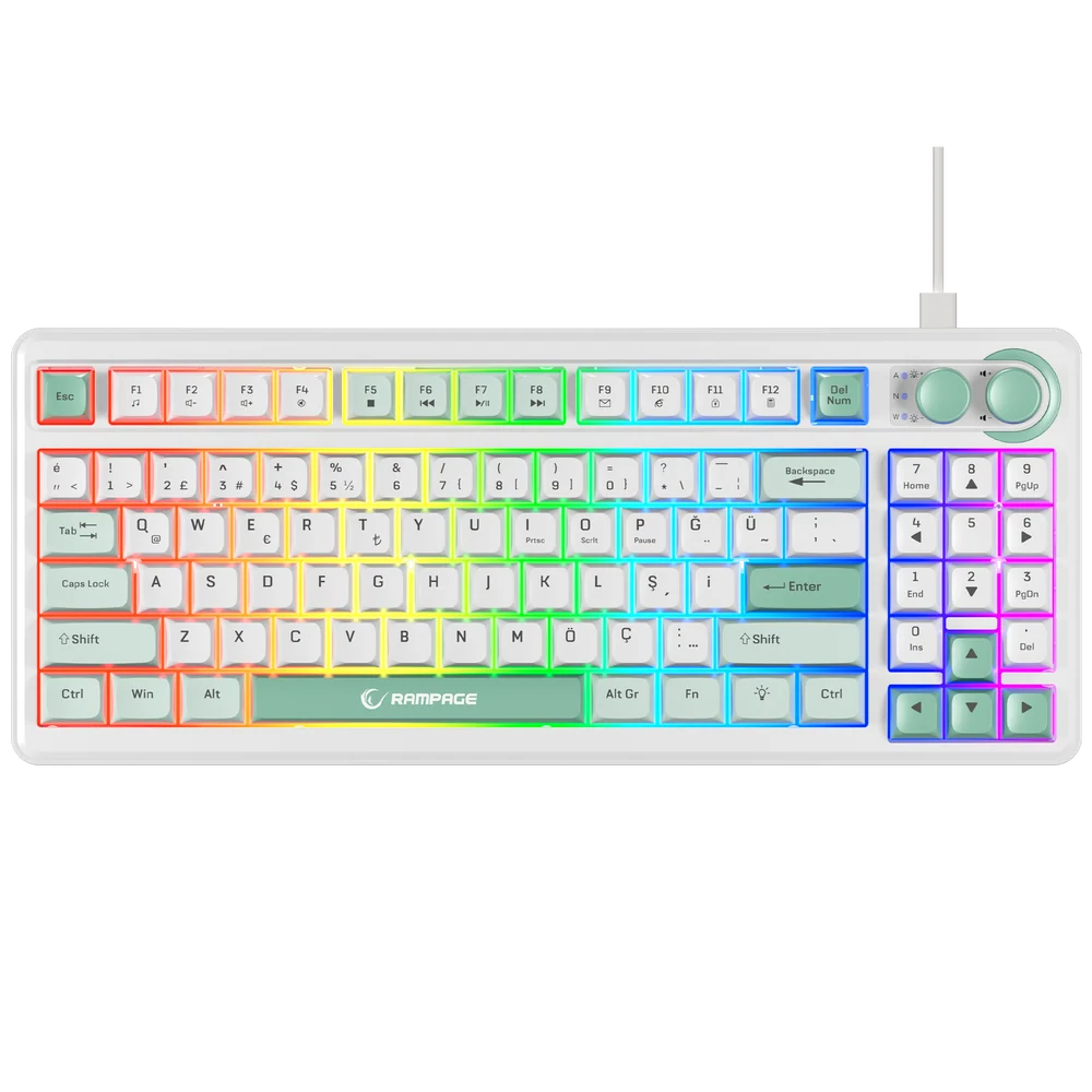Rampage CYCLONE Beyaz/Mavi/Yeşil RGB Membrane Gaming Klavye