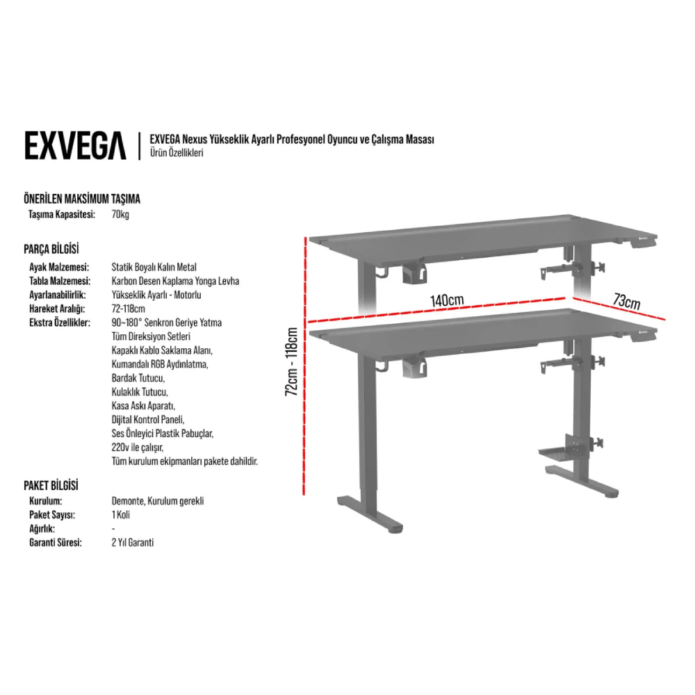 EXVEGA Nexus RGB Yükseklik Ayarlı Metal Oyuncu ve Çalışma Masası