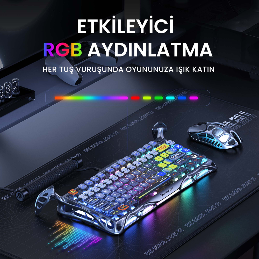 GravaStar Mercury K1 Pro RGB Linear Key Switch İngilizce Q Interstellar Silver Kablosuz Gaming Klavye