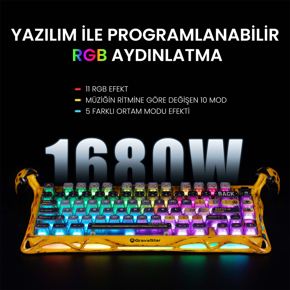 GravaStar Mercury K1 Pro RGB Linear Key Switch İngilizce Q Battle-Worn Yellow Kablosuz Gaming Klavye