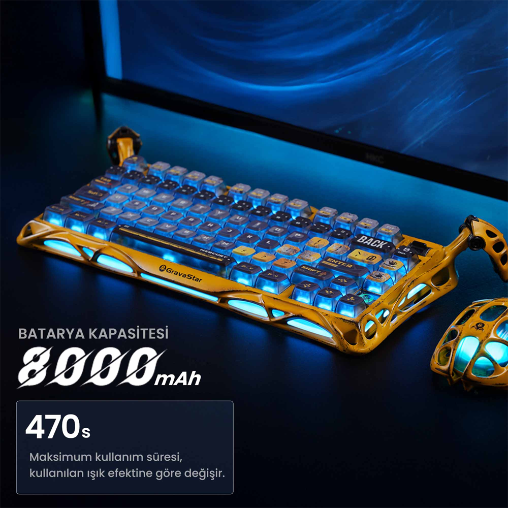 GravaStar Mercury K1 Pro RGB Linear Key Switch İngilizce Q Battle-Worn Yellow Kablosuz Gaming Klavye