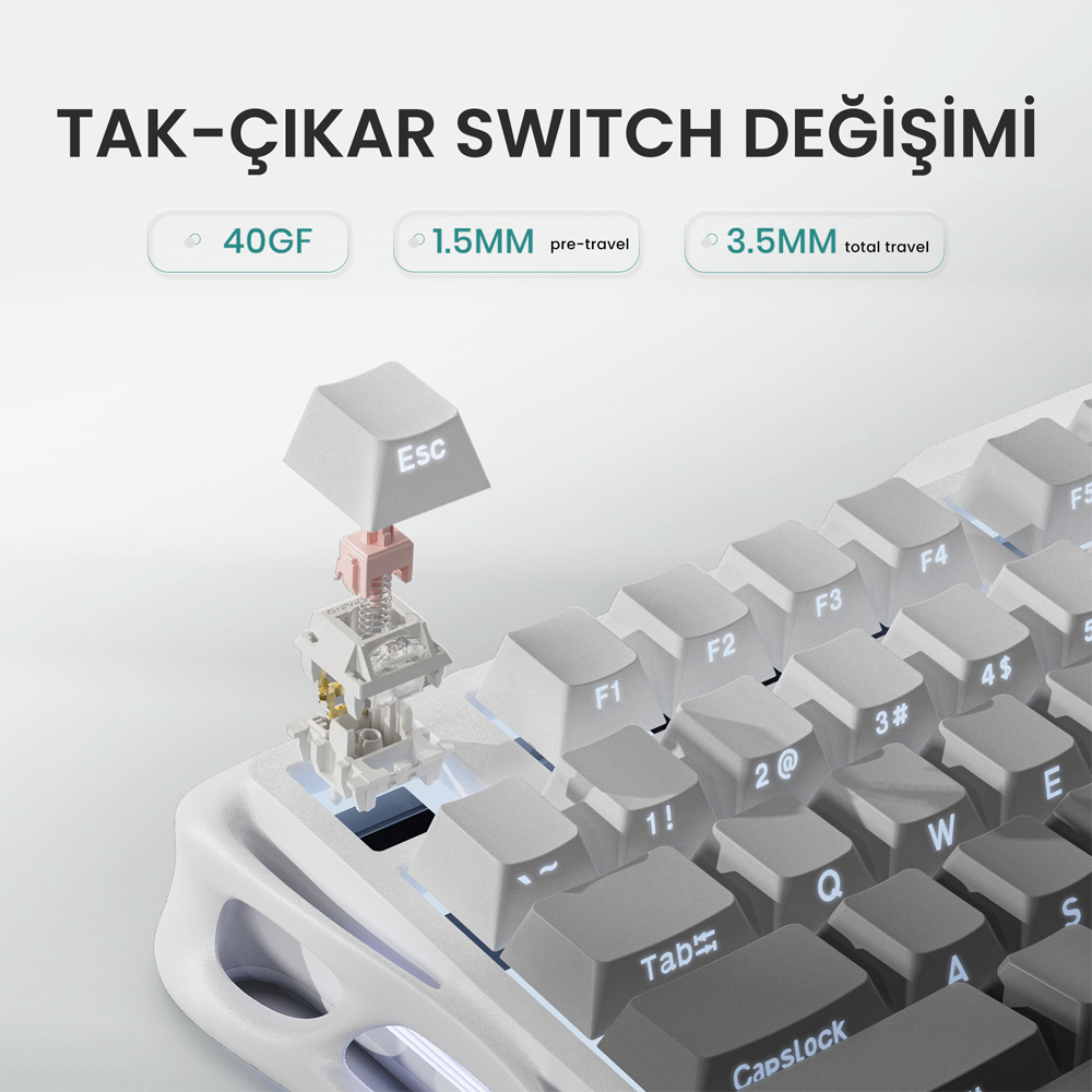 GravaStar Mercury K1 RGB Linear Key Switch İngilizce Q Gradient White Kablosuz Gaming Klavye