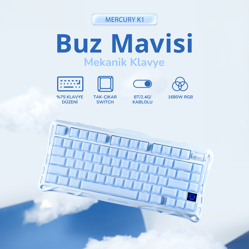 GravaStar Mercury K1 RGB Linear Key Switch İngilizce Q Ice Blue Kablosuz Gaming Klavye