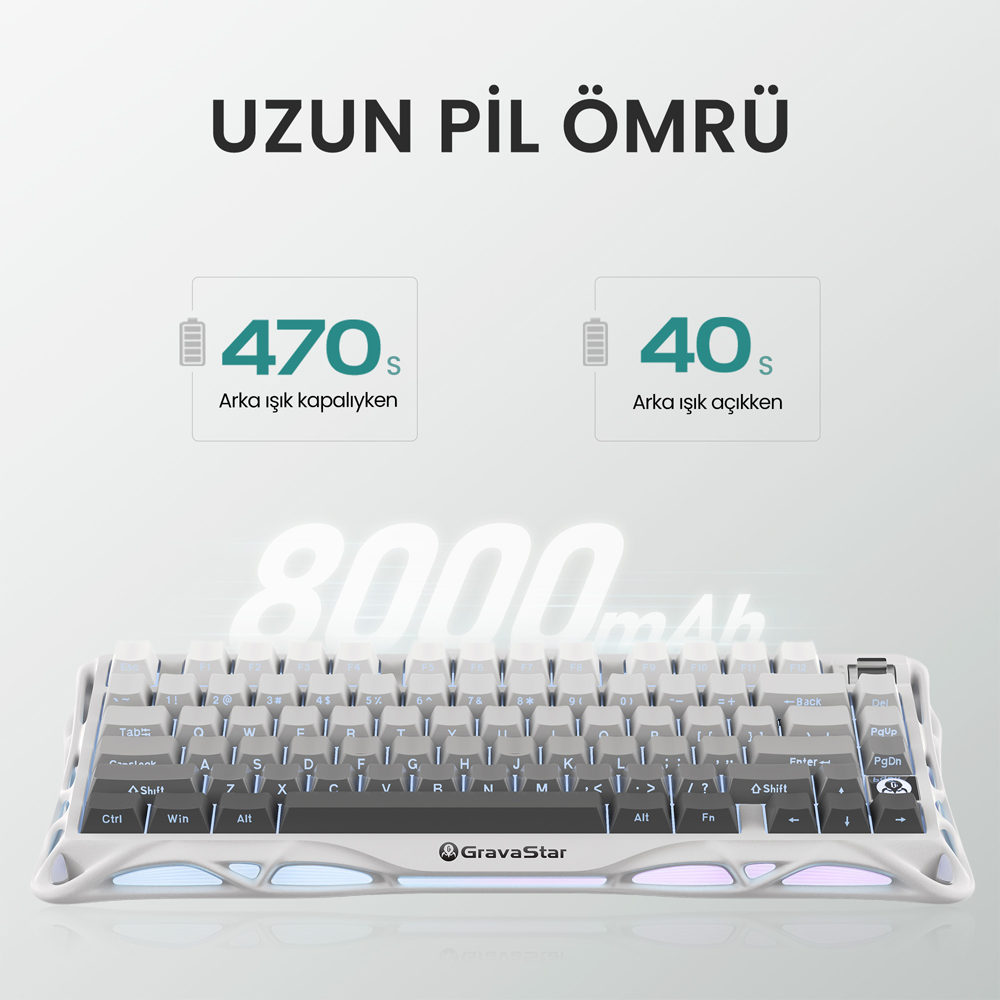 GravaStar Mercury K1 RGB Linear Key Switch İngilizce Q Gradient White Kablosuz Gaming Klavye