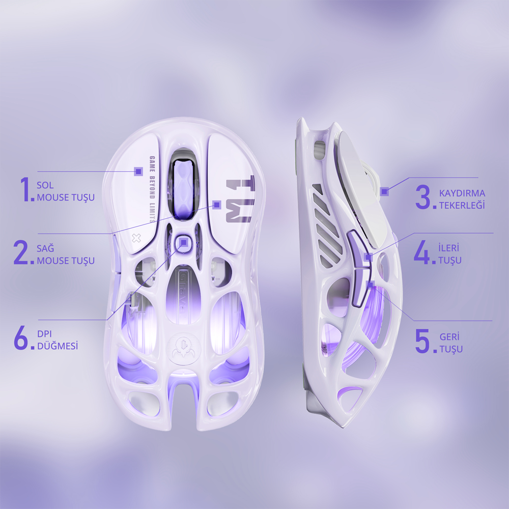GravaStar Mercury M1 Pro RGB 26000 DPI 1000Hz Lavender Purple Kablosuz Gaming Mouse
