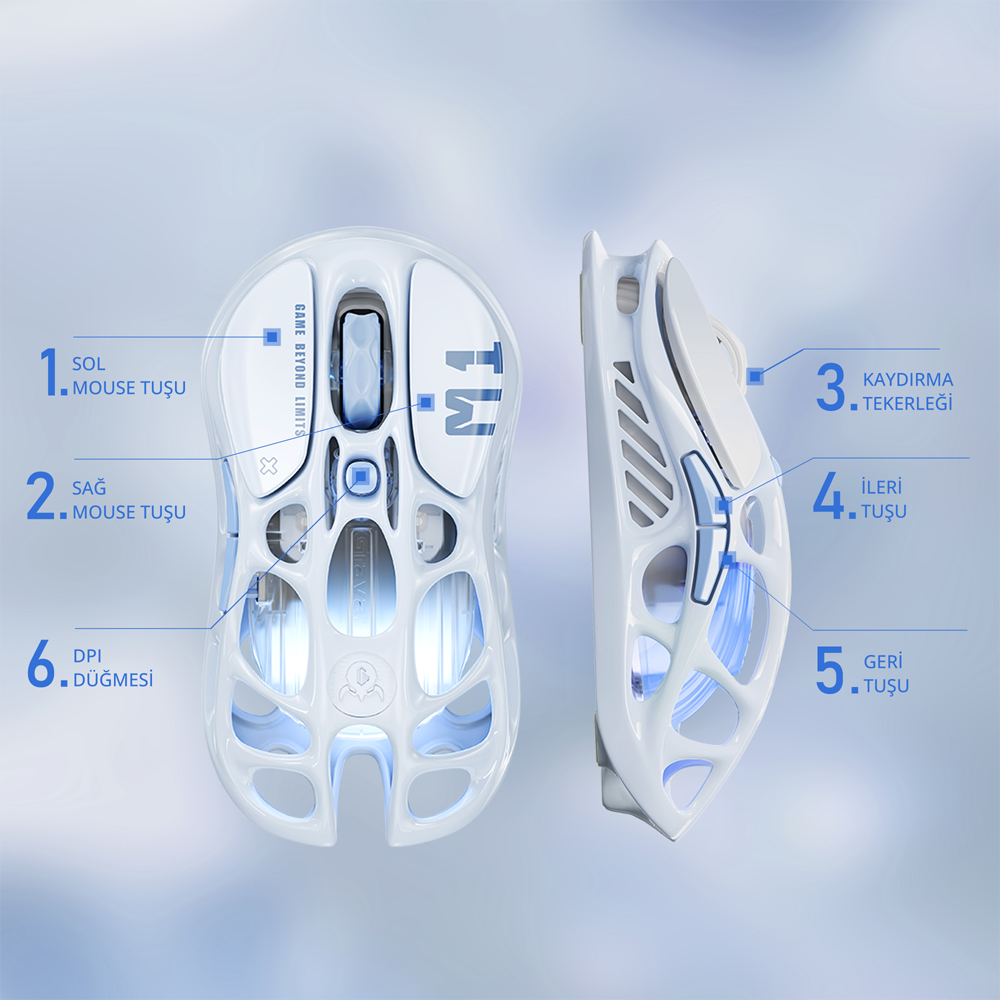 GravaStar Mercury M1 Pro RGB 26000 DPI 1000Hz Ice Blue Kablosuz Gaming Mouse