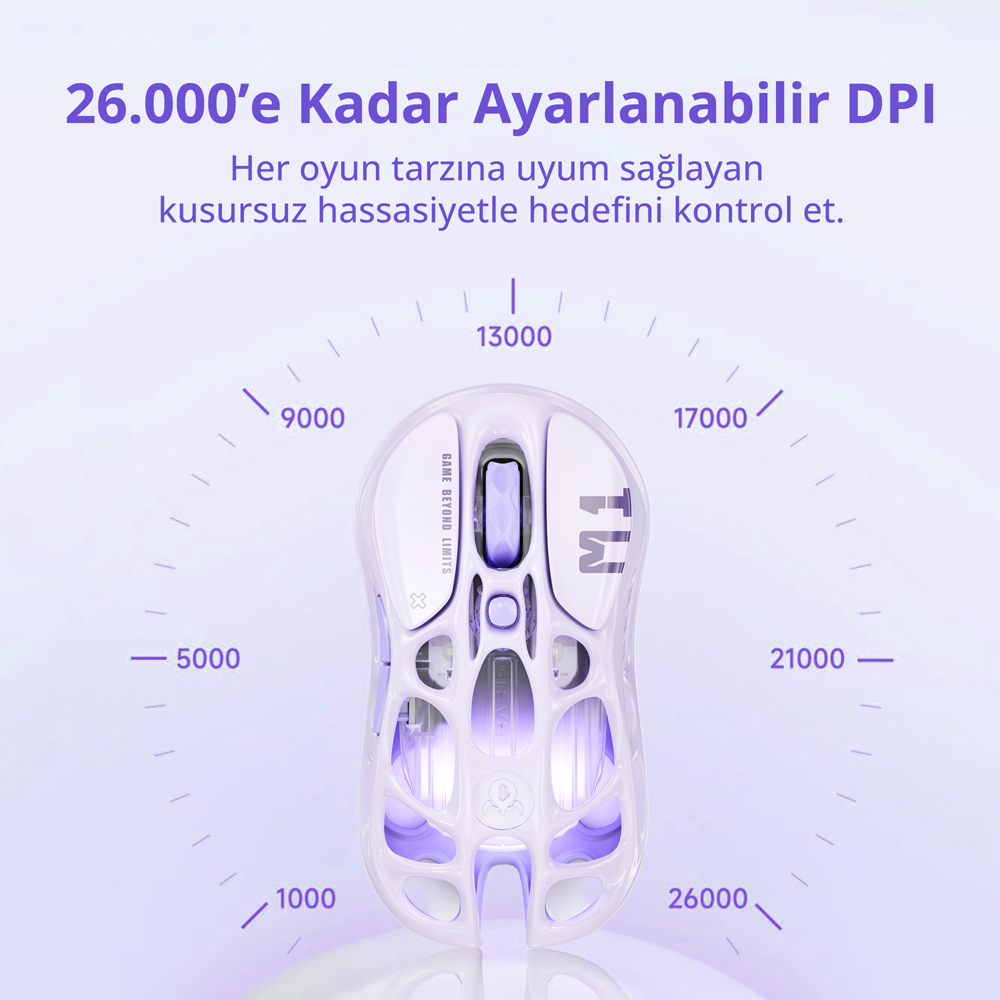 GravaStar Mercury M1 Pro RGB 26000 DPI 1000Hz Lavender Purple Kablosuz Gaming Mouse