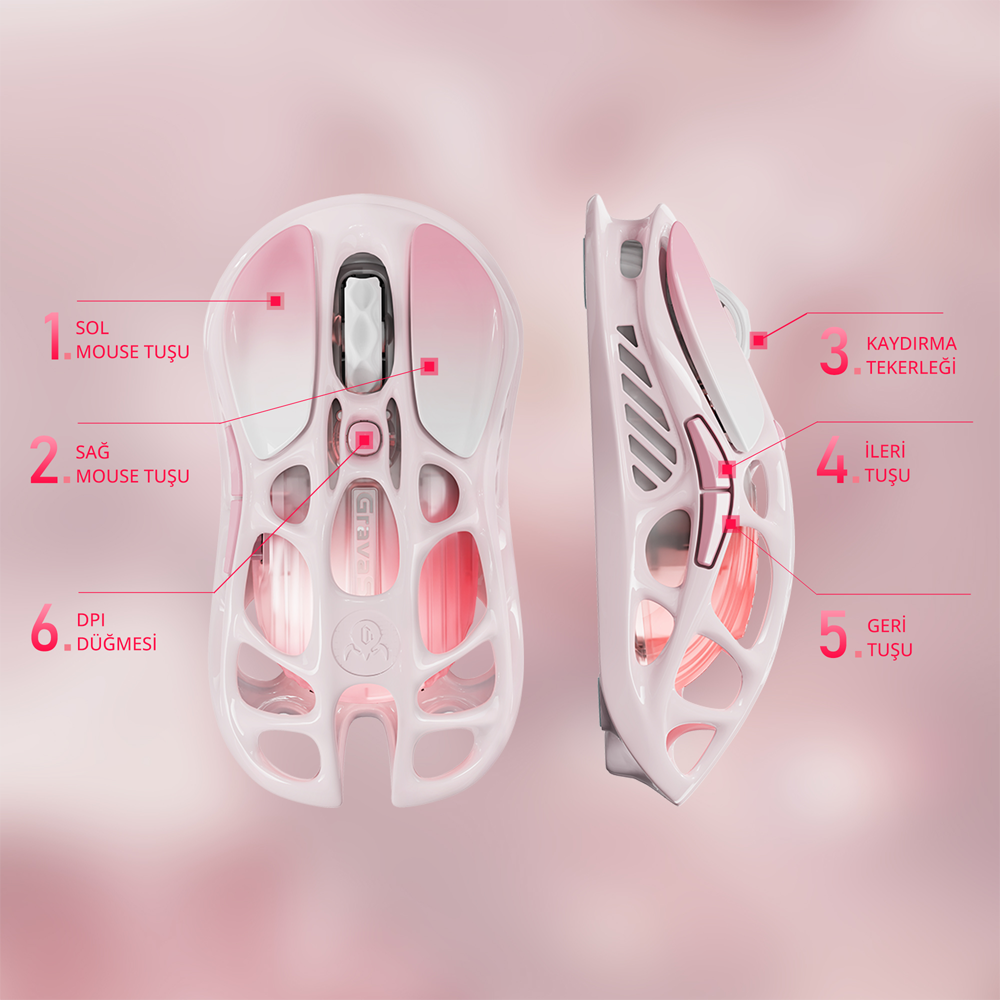 GravaStar Mercury M1 Pro RGB 26000 DPI 1000Hz Sakura Pink Kablosuz Gaming Mouse