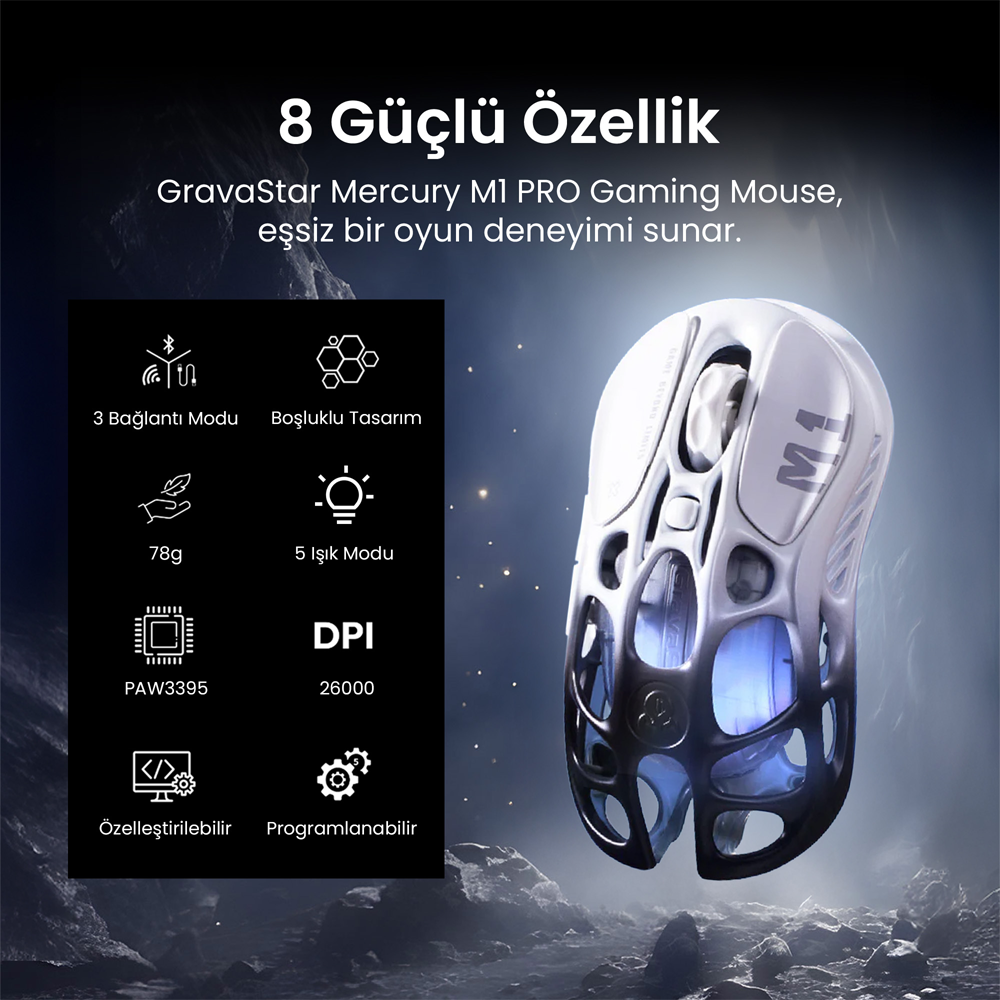 GravaStar Mercury M1 Pro RGB 26000 DPI 1000Hz Gradient Black Kablosuz Gaming Mouse