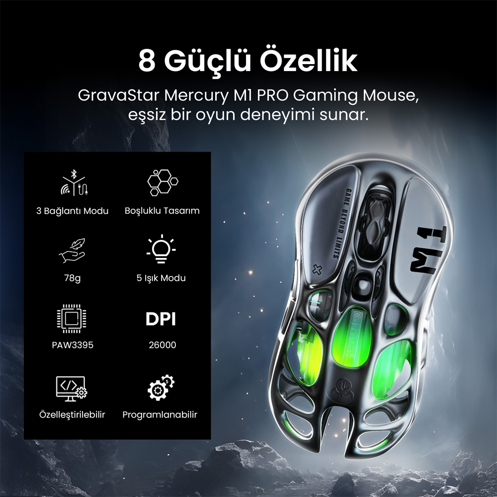 GravaStar Mercury M1 Pro RGB 26000 DPI 1000Hz Gunmetal Gray Kablosuz Gaming Mouse