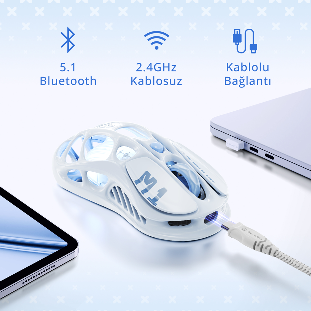 GravaStar Mercury M1 Pro RGB 26000 DPI 1000Hz Ice Blue Kablosuz Gaming Mouse