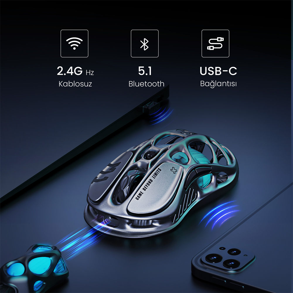 GravaStar Mercury M1 Pro RGB 26000 DPI 1000Hz Gunmetal Gray Kablosuz Gaming Mouse