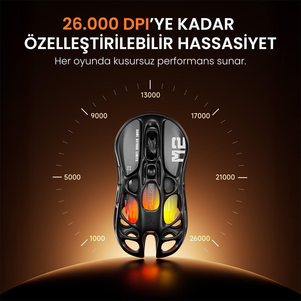 GravaStar Mercury M2 RGB 26000 DPI 1000Hz Stealth Black Kablosuz Gaming Mouse