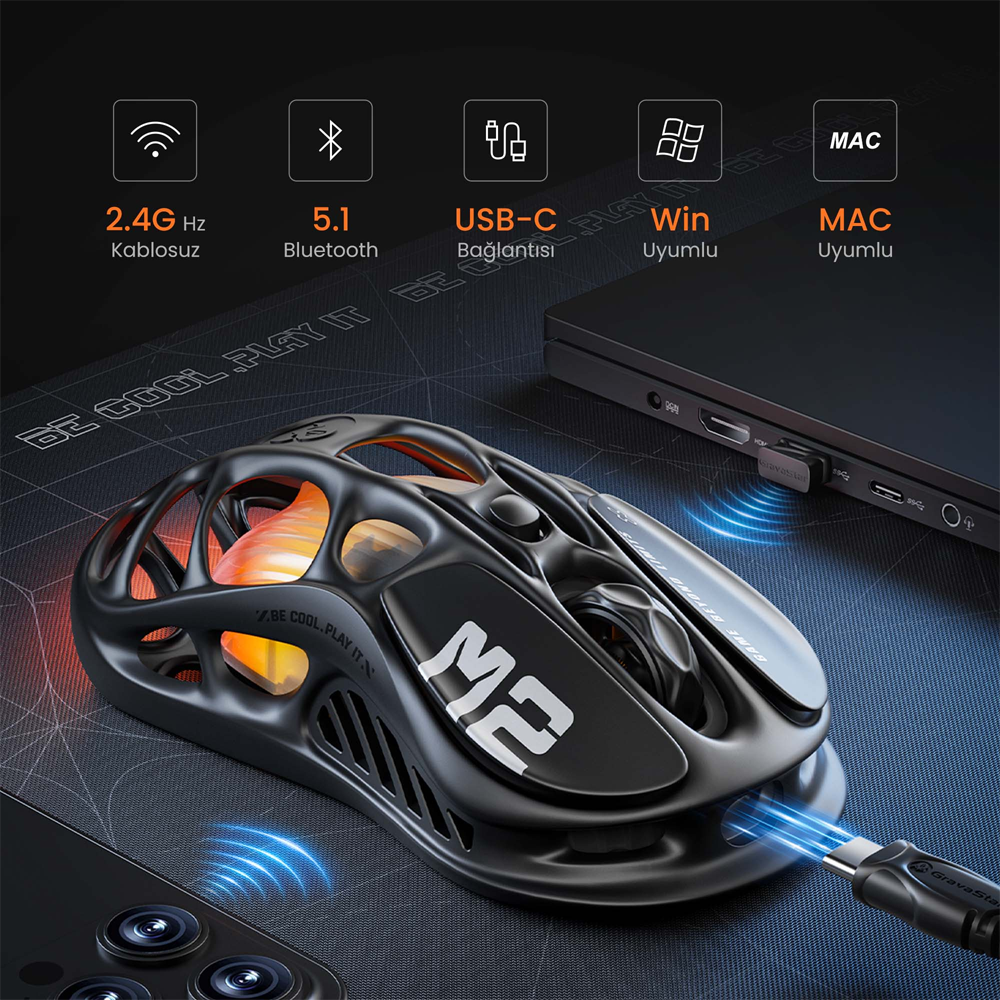 GravaStar Mercury M2 RGB 26000 DPI 1000Hz Stealth Black Kablosuz Gaming Mouse