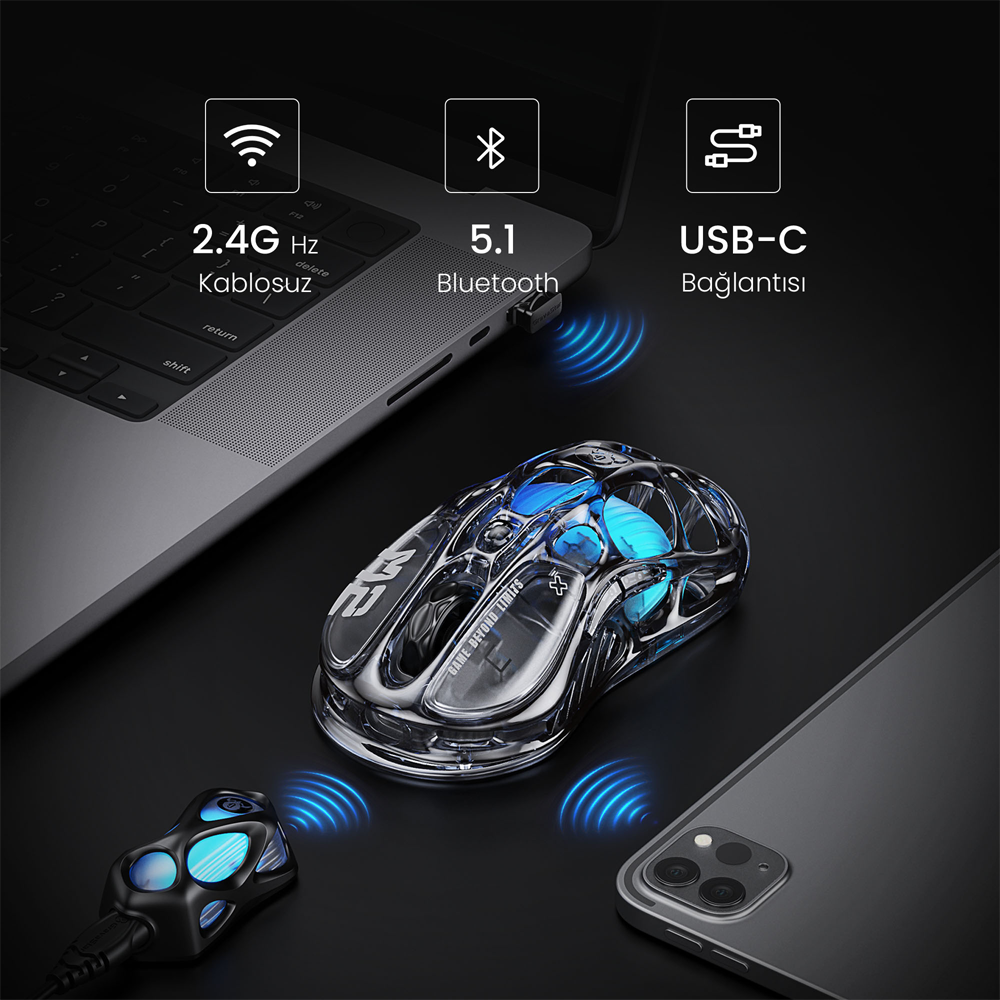 GravaStar Mercury M2 RGB 26000 DPI 1000Hz Siyah Şeffaf Kablosuz Gaming Mouse