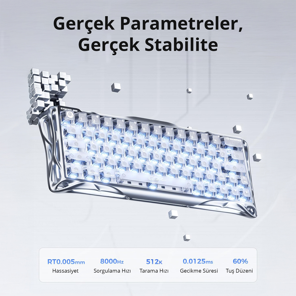 GravaStar Mercury V60 Pro RGB Manyetik Switch İngilizce Q Chrome Silver Kablolu Gaming Klavye
