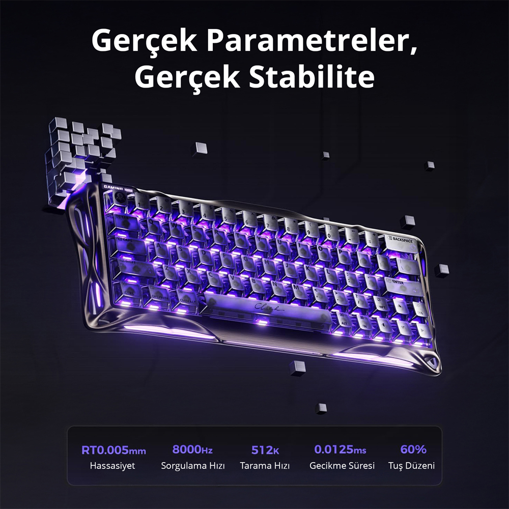 GravaStar Mercury V60 Pro RGB Manyetik Switch İngilizce Q GunMetal Kablolu Gaming Klavye