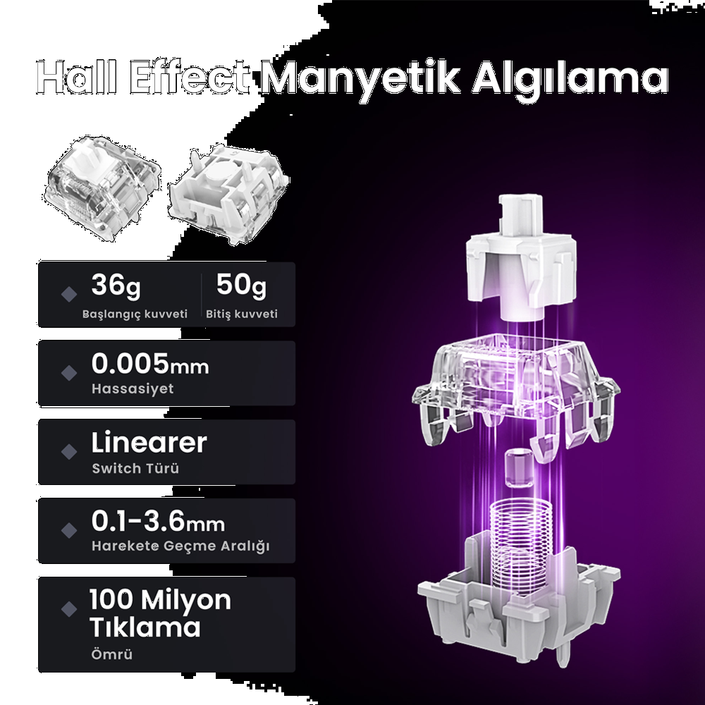 GravaStar Mercury V75 RGB Manyetik Switch İngilizce Q Mecha Gray Kablolu Gaming Klavye
