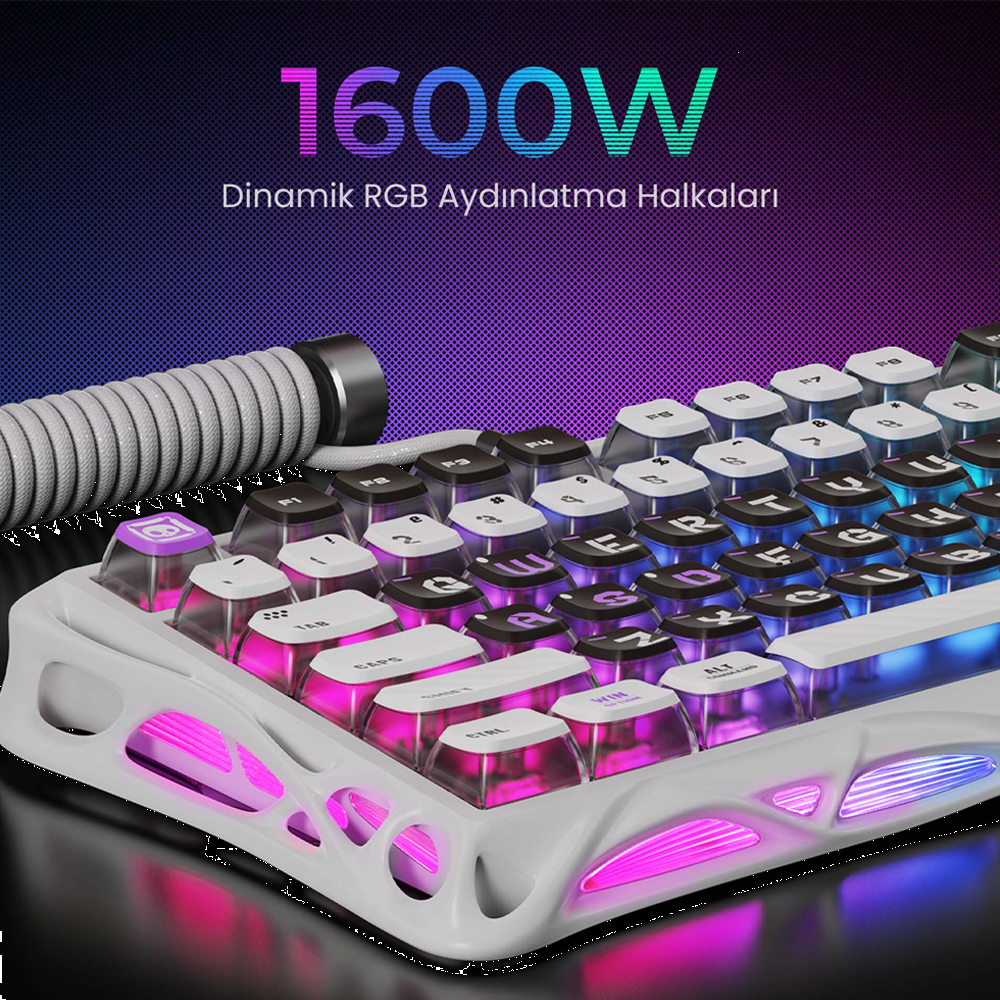GravaStar Mercury V75 RGB Manyetik Switch İngilizce Q Mecha Gray Kablolu Gaming Klavye