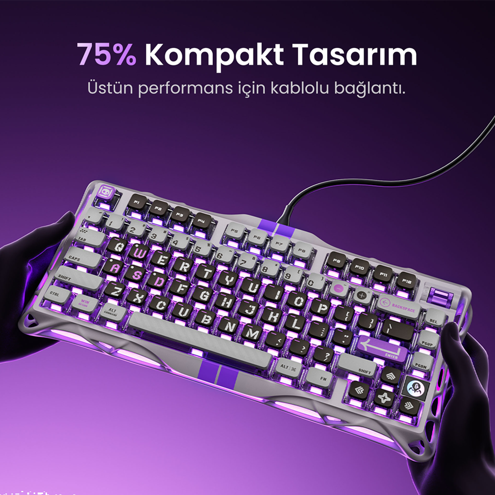 GravaStar Mercury V75 RGB Manyetik Switch İngilizce Q Mecha Gray Kablolu Gaming Klavye