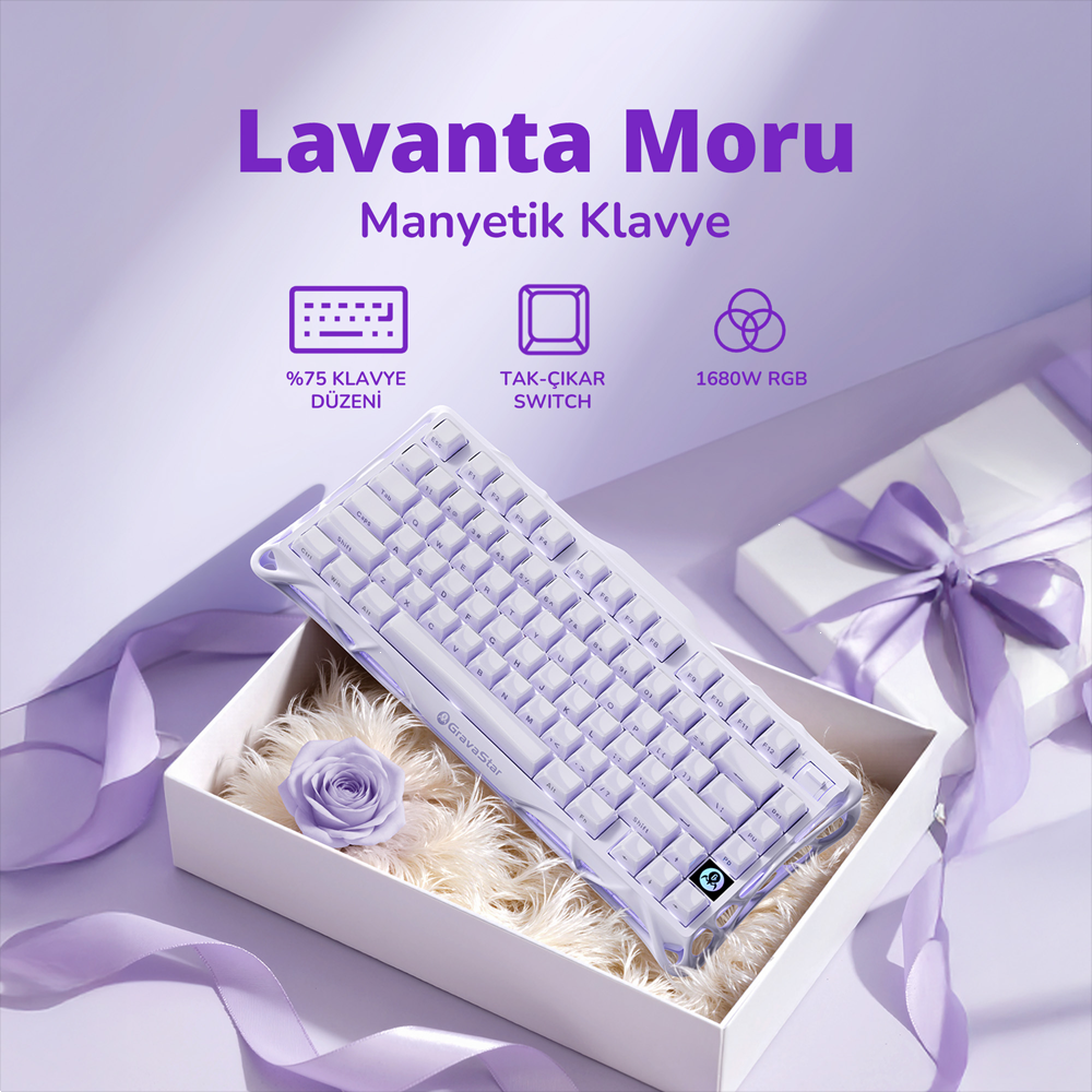 GravaStar Mercury V75 RGB Manyetik Switch İngilizce Q Lavender Purple Kablolu Gaming Klavye