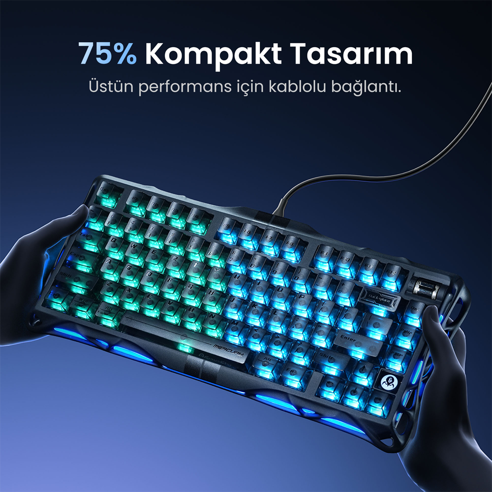 GravaStar Mercury V75 RGB Manyetik Switch İngilizce Q Stealth Black Kablolu Gaming Klavye