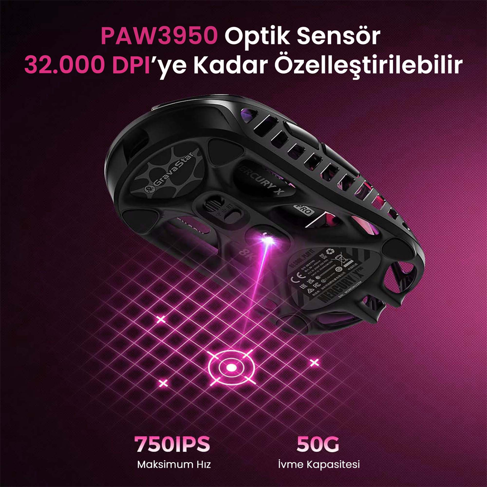GravaStar Mercury XPro RGB 32000 DPI 8000Hz Dongle Neon Graffiti Kablosuz Gaming Mouse