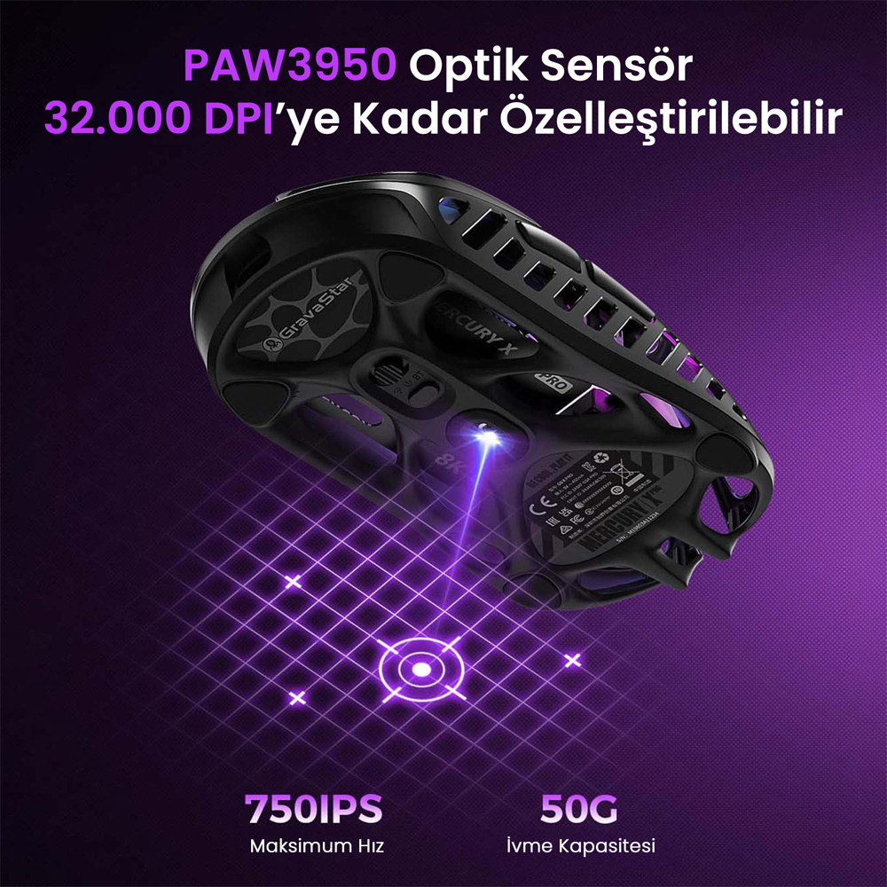 GravaStar Mercury XPro RGB 32000 DPI 8000Hz Dongle Galaxy Black Kablosuz Gaming Mouse