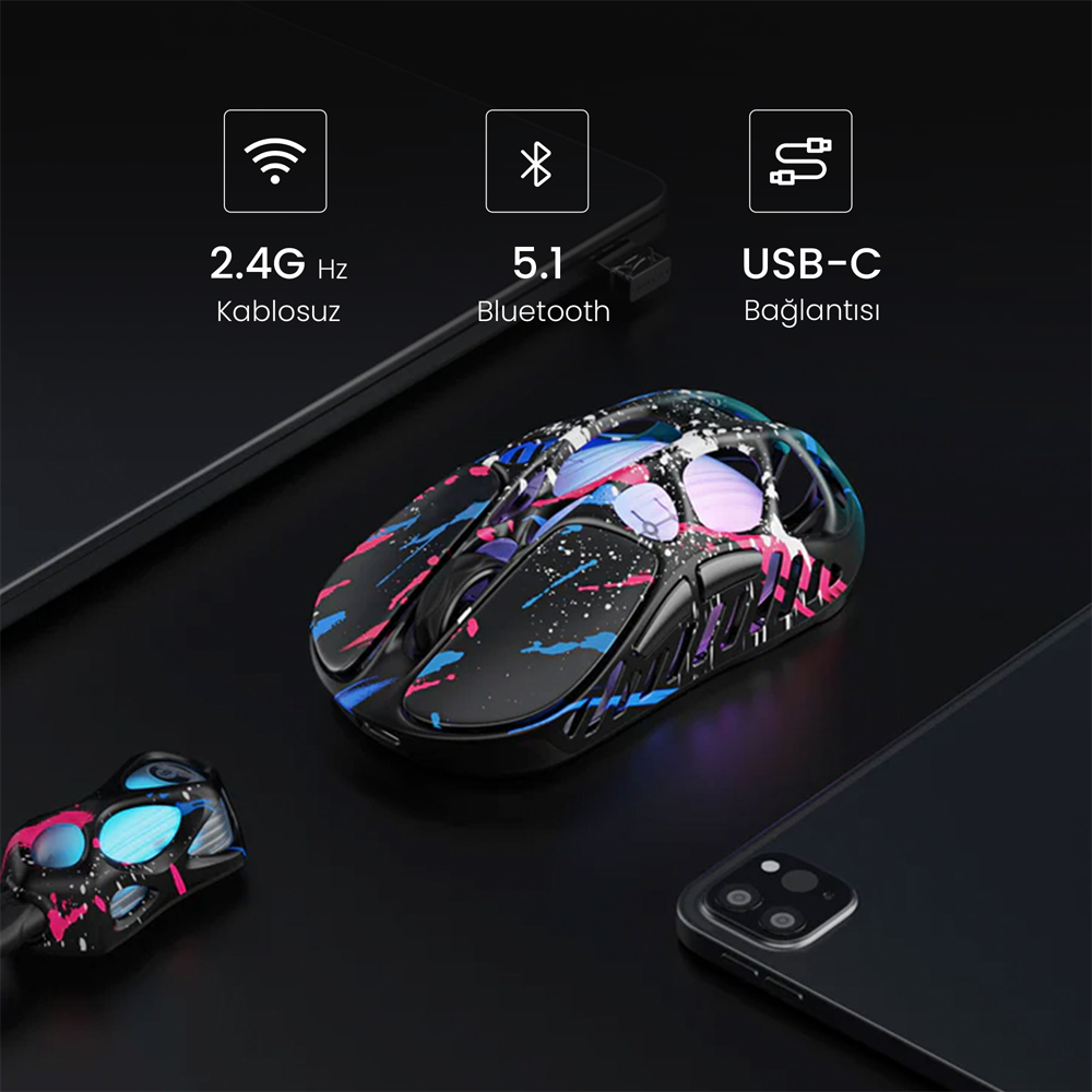 GravaStar Mercury XPro RGB 32000 DPI 8000Hz Dongle Neon Graffiti Kablosuz Gaming Mouse