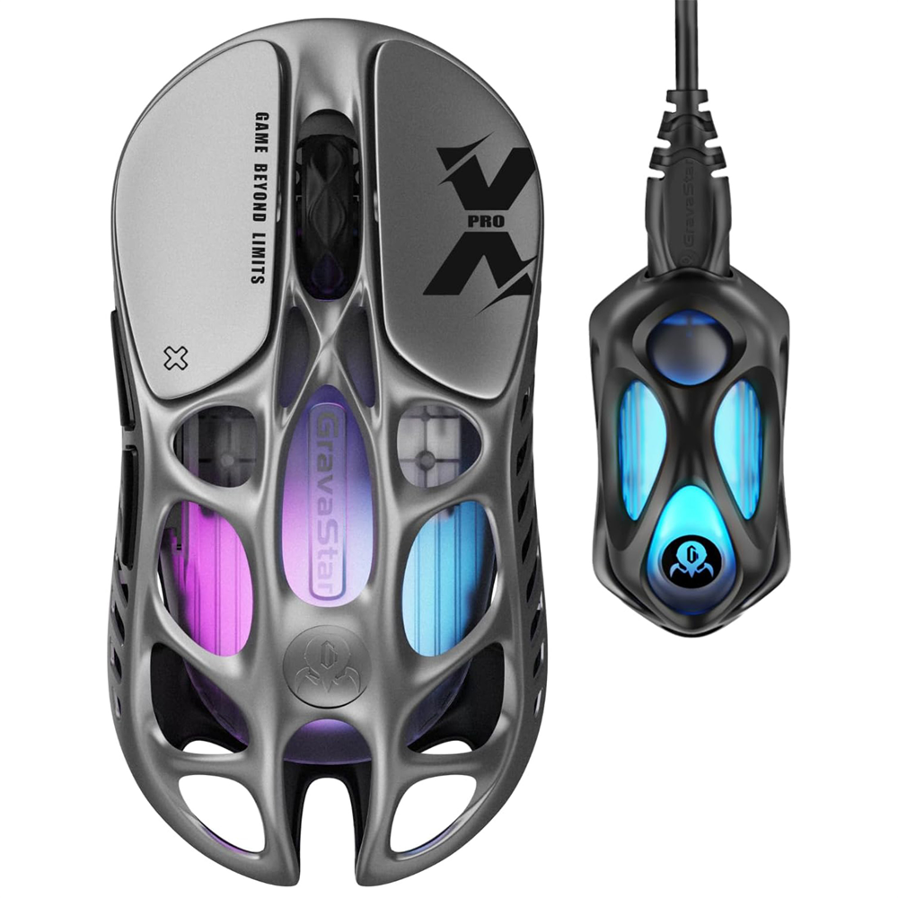 GravaStar Mercury XPro RGB 32000 DPI 8000Hz Dongle Interstellar Silver Kablosuz Gaming Mouse