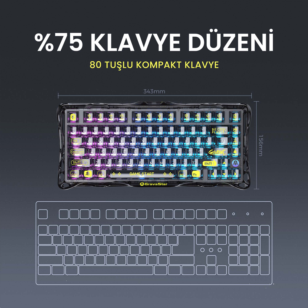 GravaStar Mercury K1 Lite RGB Linear Key Switch İngilizce Q Siyah Şeffaf Kablosuz Gaming Klavye